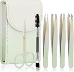 6 PCS Tweezers Set for Women, Eyebrow Tweezers Set with Curved Scissor for Ingrown Hair, Plucking Daily Beauty Tool with Leather Travel Case for Gifts (Gradient Green)