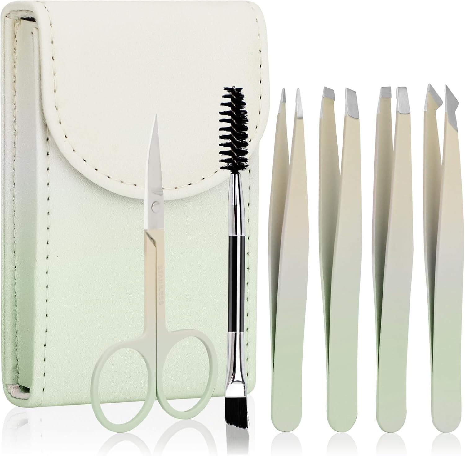 6 PCS Tweezers Set for Women, Eyebrow Tweezers Set with Curved Scissor for Ingrown Hair, Plucking Daily Beauty Tool with Leather Travel Case for Gifts (Gradient Green)