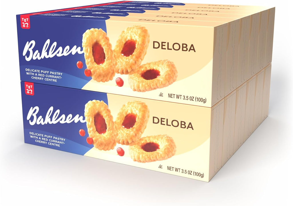 Bahlsen Deloba Red Currant Cookies (12 boxes) - Sweet & delicate, buttery puff pastry biscuits with light crispy layers and red currant filling - 3.5 oz boxes