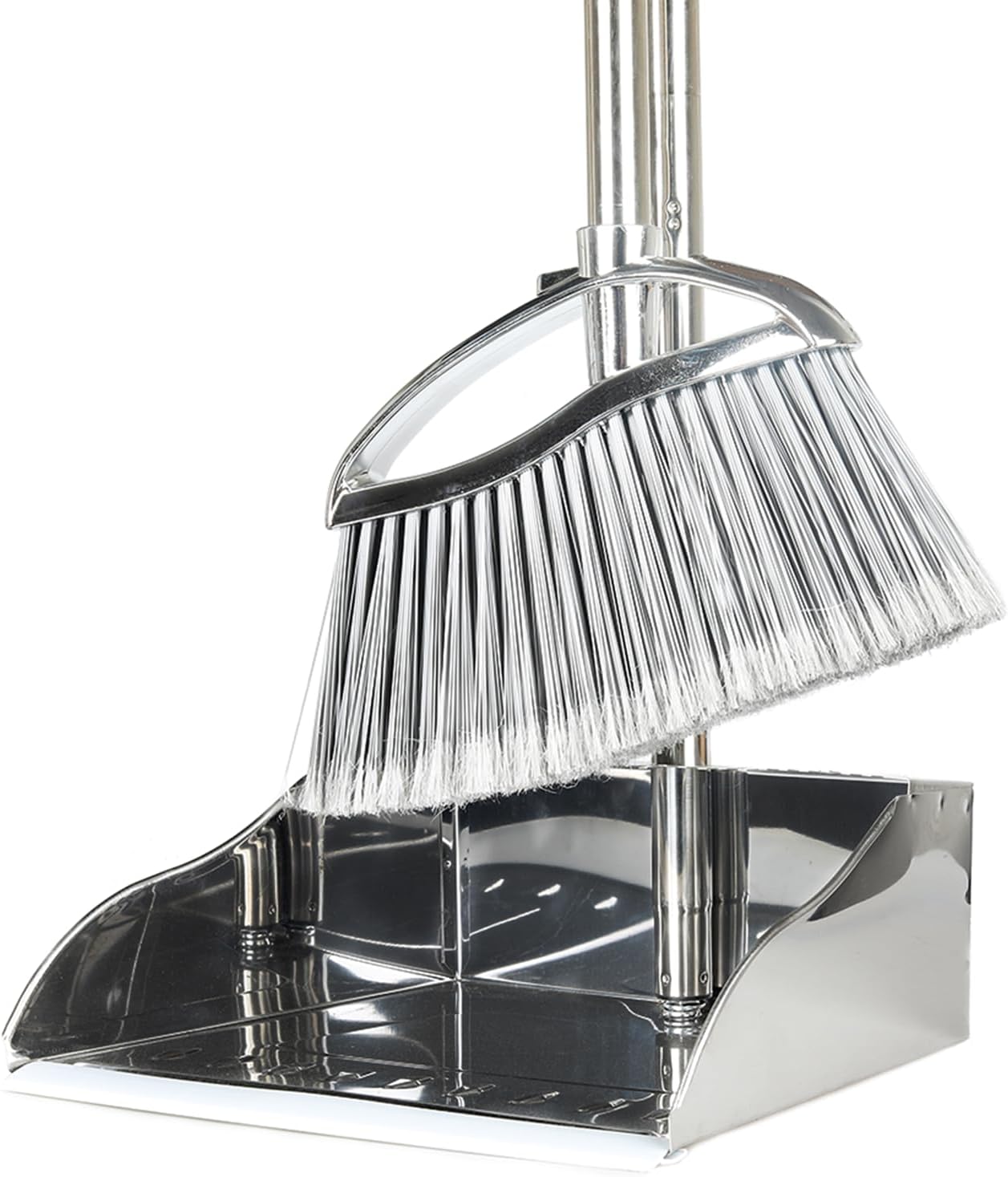 Metal Dustpan and Heavy Duty Broom Set, Stand Up Dustpan with Outdoor Stiff Bristles Broom for Hardwood Patio Room Office Floor Sweeping