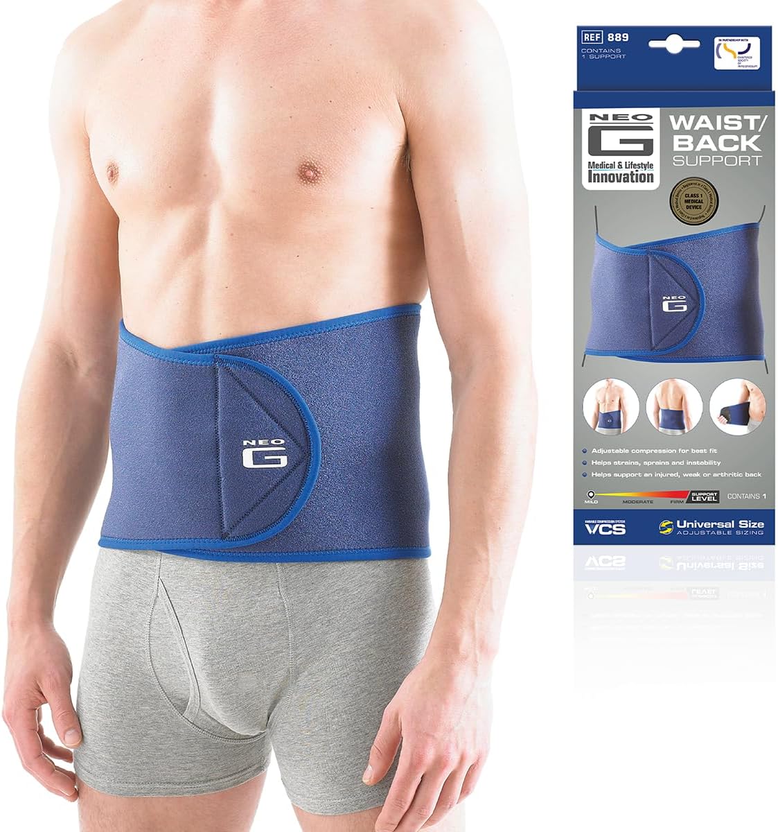 Neo-G Waist/Back Brace - Support For Muscle Spasm, Strains, Arthritis, Injury Recovery, Rehabilitation - Power Straps For Adjustable Compression - Class 1 Medical Device - One Size - Blue