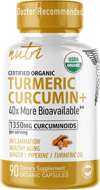 Nutri Organic Turmeric Curcumin Supplement 1425mg - 40x More Bioavailable - 95% Pure Curcuminoids - with Black Pepper, Ginger & Turmeric Oil - 90 Count Capsules, 3rd Party Tested