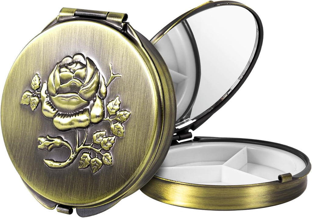 Portable Round Metal Pill Case with Mirror, Featuring 3 Compartments—Perfect for Travel. BPA-Free. (S-Bronze, Small)