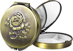 Portable Round Metal Pill Case with Mirror, Featuring 3 Compartments—Perfect for Travel. BPA-Free. (S-Bronze, Small)