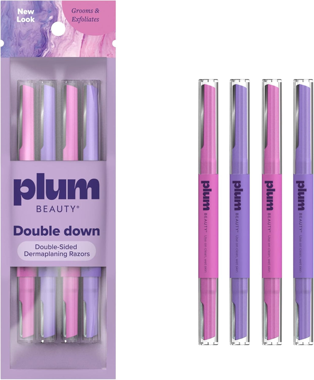 Plum Beauty Double-Sided Dermaplaning Razors (4-Pack) – Dual-Blade Facial Razors for Women - Precision & Large Blades for Brows, Upper Lip, & Cheeks - Peach Fuzz Remover & Exfoliating Face Tool
