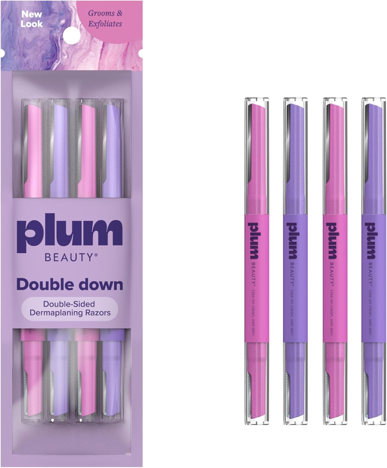 Plum Beauty Double-Sided Dermaplaning Razors (4-Pack) – Dual-Blade Facial Razors for Women - Precision & Large Blades for Brows, Upper Lip, & Cheeks - Peach Fuzz Remover & Exfoliating Face Tool