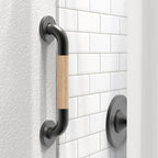 Safety Grab Bar for Bathroom & Toilet, Natural Bamboo Handle, ADA Compliant Balance Assist Handrail for Handicap and Seniors, 12in Matte Black