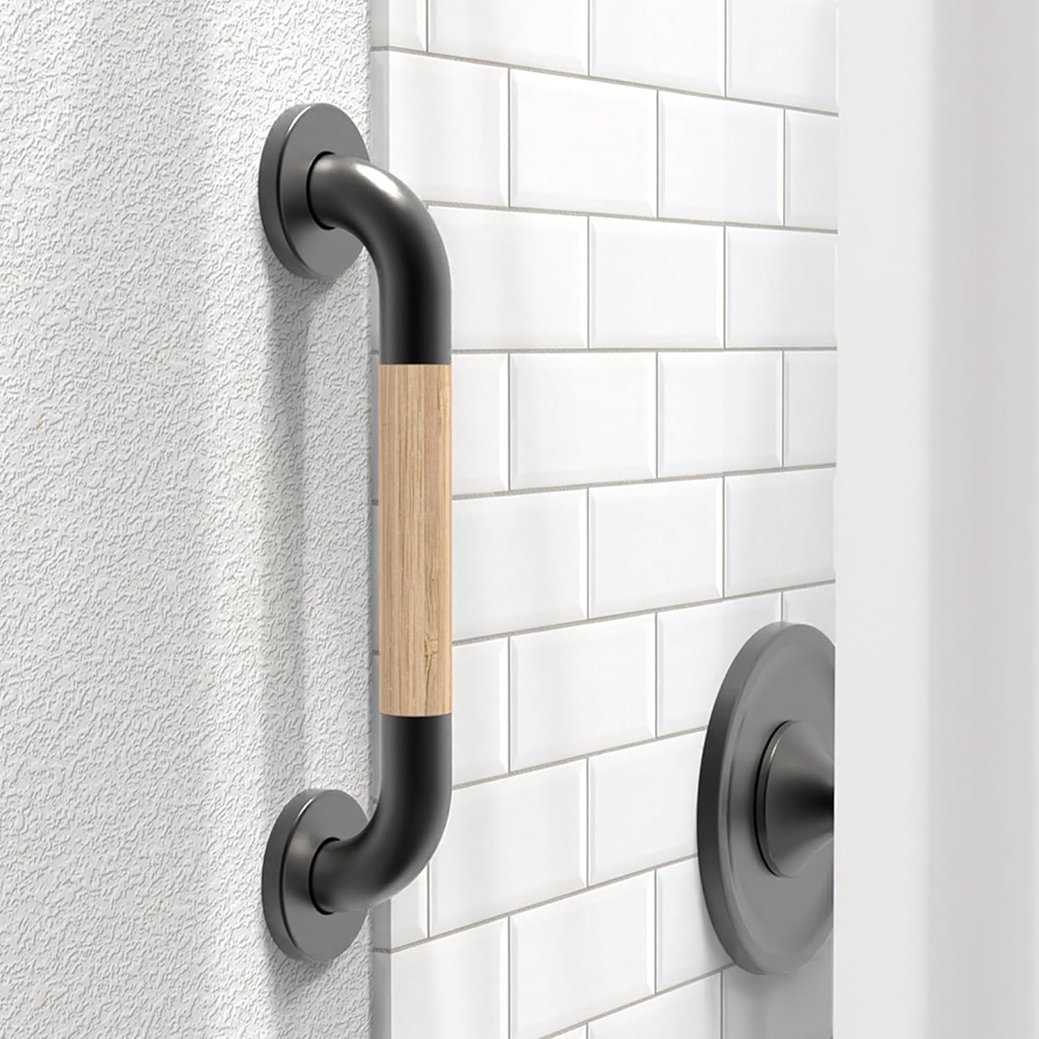 Safety Grab Bar for Bathroom & Toilet, Natural Bamboo Handle, ADA Compliant Balance Assist Handrail for Handicap and Seniors, 12in Matte Black