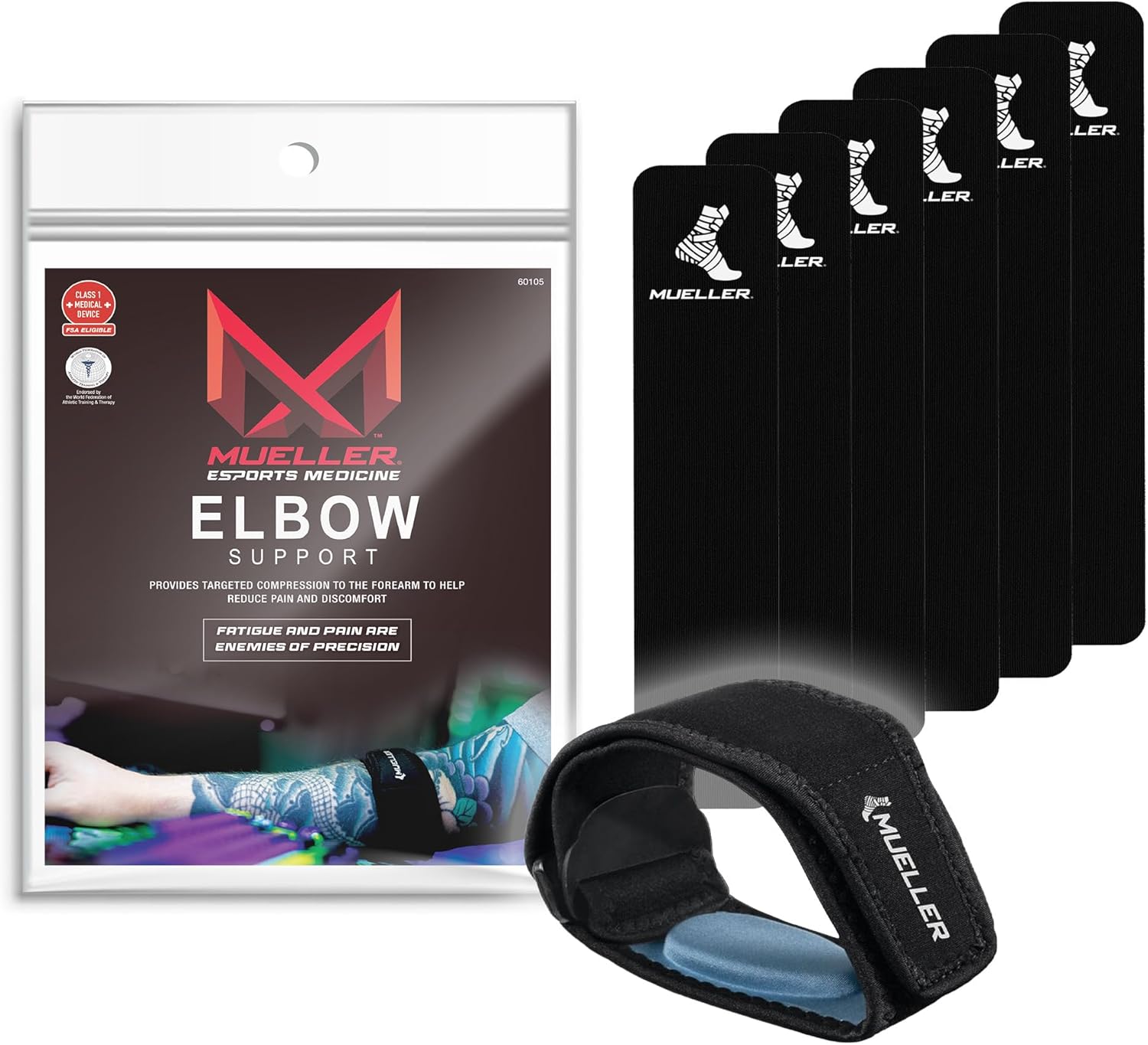 MUELLER Esports Medicine Adjustable Elbow Brace with Gel Pad for Men and Women, Elbow Pain Relief Support Sleeve, 6 KTape Strips Included, Ideal for Gamer's Console and Mouse Elbow, Black, One Size