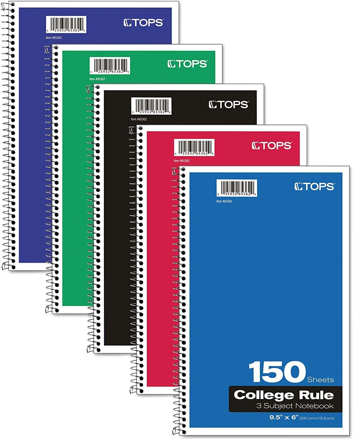 TOPS 3-Subject Wirebound Notebook, College Rule, 6 x 9.5 Inches, White, 150 Sheets per Book, Color Cover May Vary (65362) - 5 Books