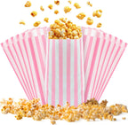 100 Pcs Paper Popcorn Bags Individual Servings small popcorn bags for Party Disposable Snack Candy Movie Nights Pop Corn Bags (Light Pink White)