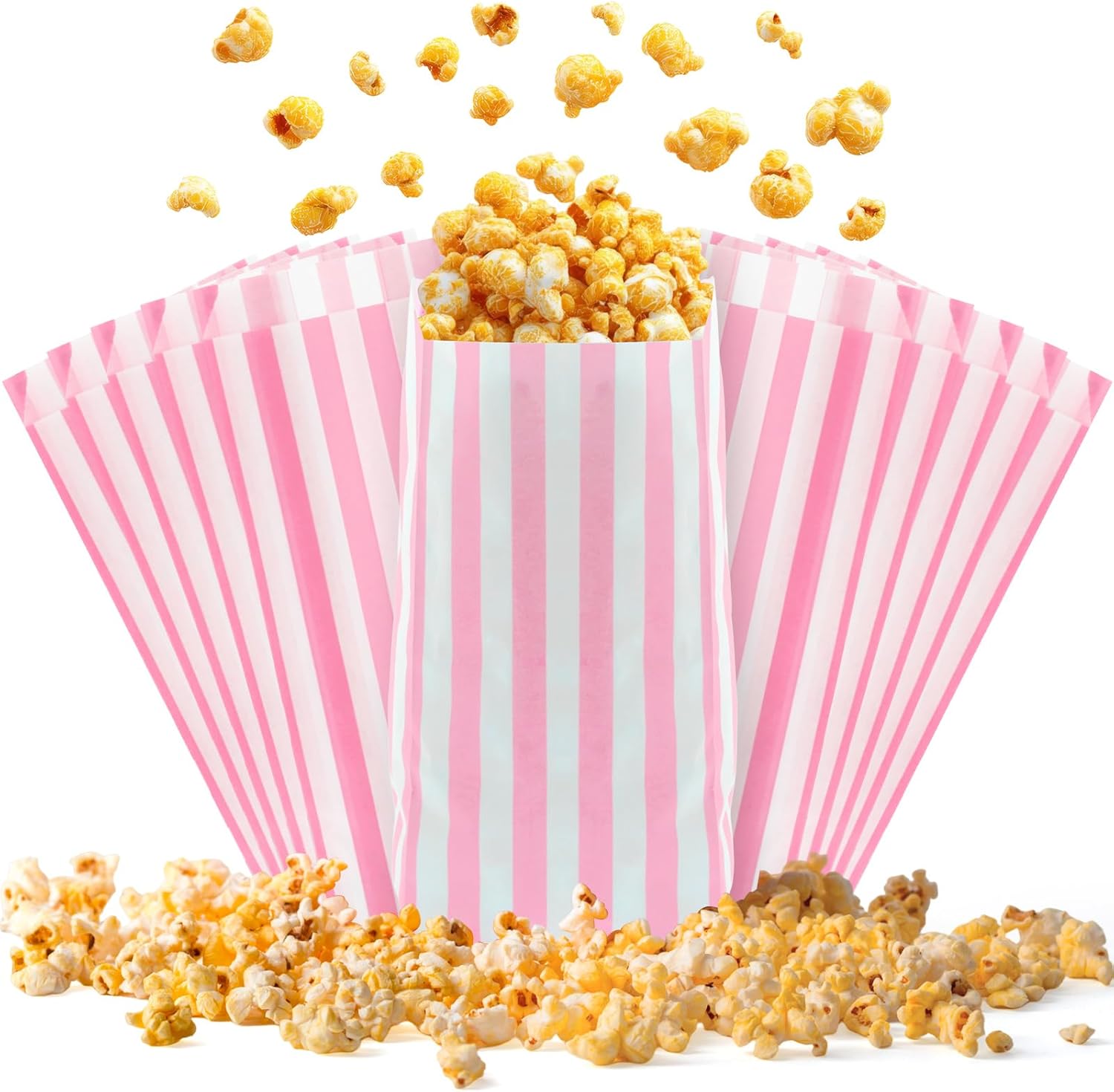100 Pcs Paper Popcorn Bags Individual Servings small popcorn bags for Party Disposable Snack Candy Movie Nights Pop Corn Bags (Light Pink White)