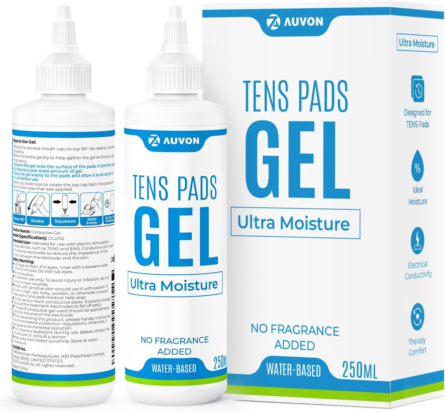 AUVON Professional Conductive Gel Specialized for TENS Unit Pads, Odorless Electrode Gel with Optimal Hydration for Muscle Stimulator & EMS Pads, Skin-Friendly & Water-Based for Safe Use, 2 x 250ml