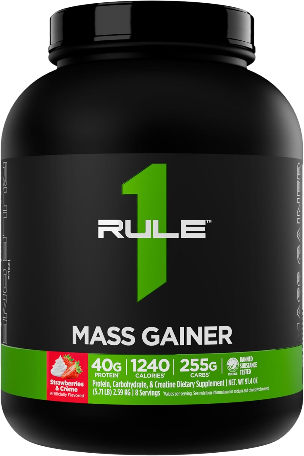 Rule 1 Proteins Mass Gainer - High-Calorie Weight Gain Formula with 1,220+ Calories, 250g+ Complex Carb Blend, 40g All-Whey Protein Per Serving (8 Servings, Strawberries & Crème)