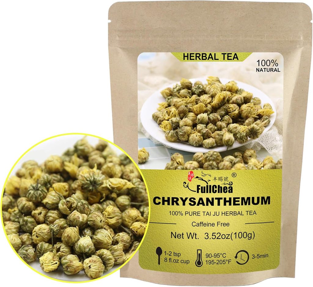 FullChea - Top Grade Chinese Chrysanthemum Tea - 3.52oz/100g - Premium Natural Dried Chrysanthemum Flower - Tai Ju Herbal Tea Loose Leaf - Non-GMO - Caffeine-free - Sweet & Fresh