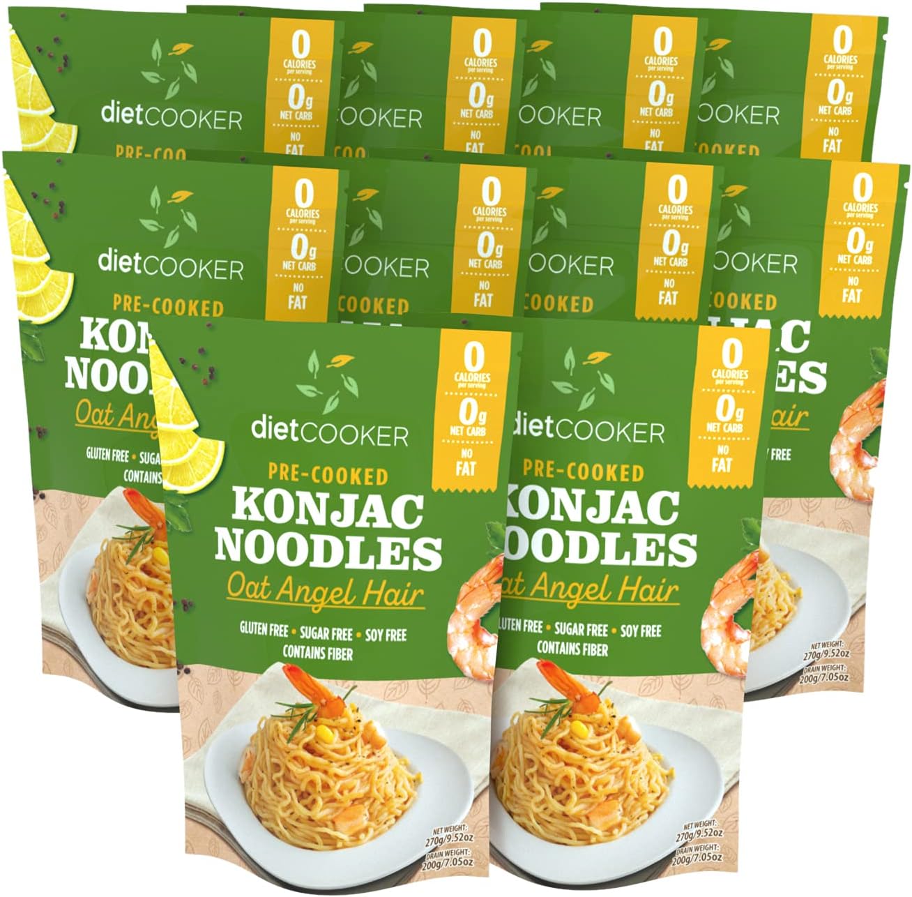Shirataki Noodle, DIET COOKER Premium Konjac Noodle 10 Pack Inside, Keto & Vegan Friendly, 9.52 oz, Odor Free, Low Calorie Pasta, Zero Net Carbs, Healthy Diet Food - Oat Angel Hair