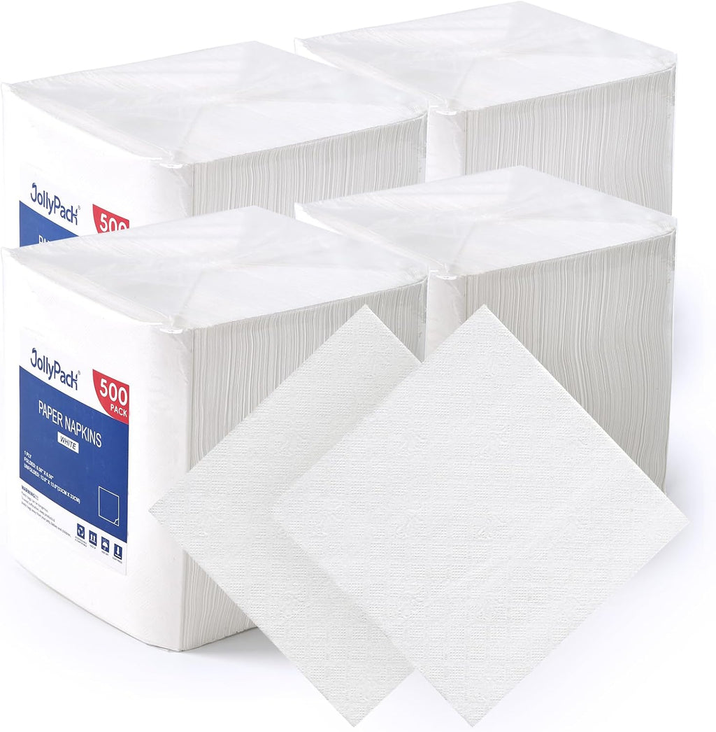 JollyPack 2000 Count White Paper Napkins - 1-Ply 6.5 x 6.5 Folded Bulk Disposable Beverage Cocktail Napkins, Dinner Paper for Restaurants, Bars and Parties - 13 x 13 Unfolded
