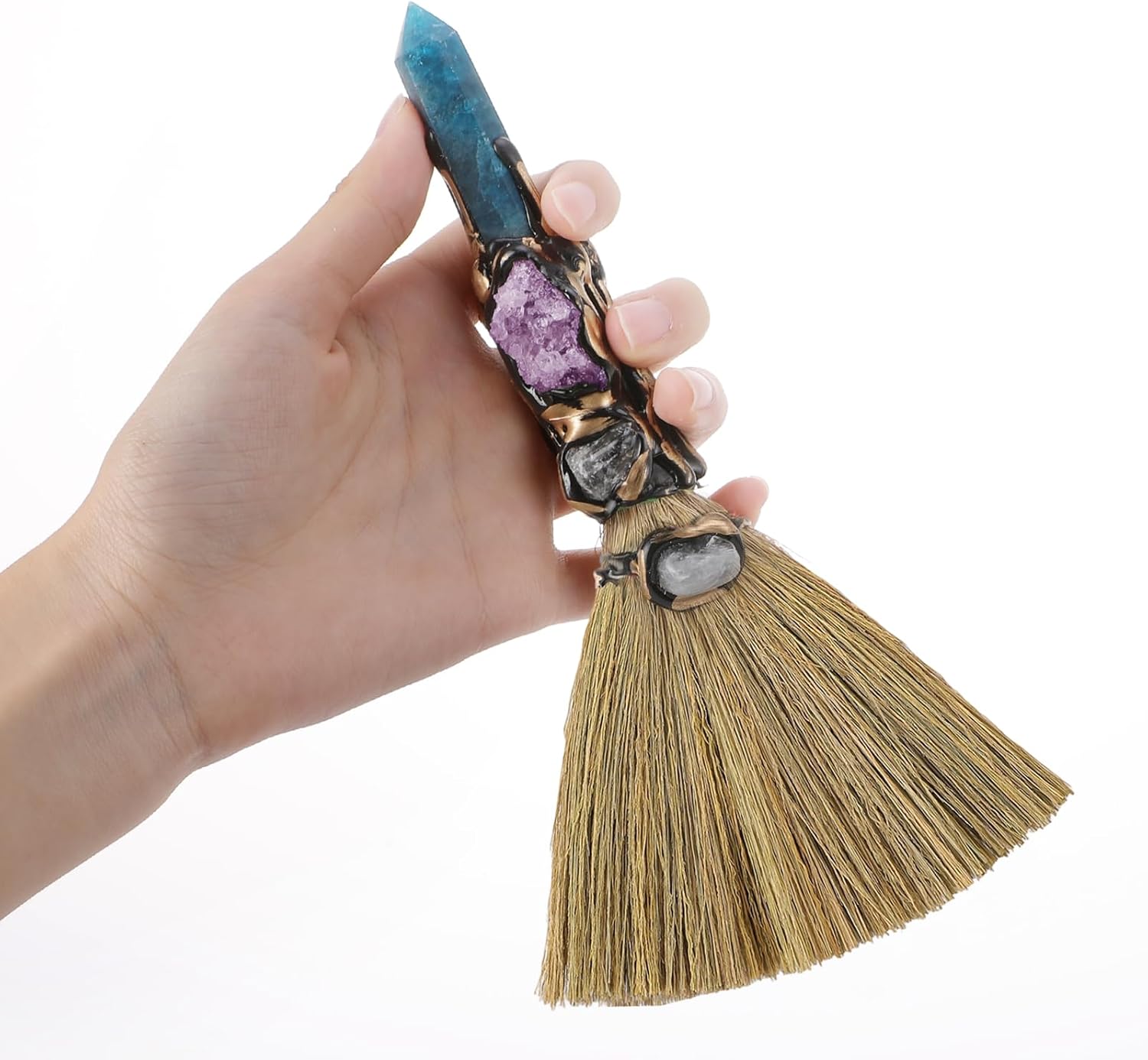 RENEMEGO Crystal Witch Altar Broom - Witchcraft Supplies with Blue Apatite Wiccan Stuff Fairy Magic Broomstick with Natural Healing Crystals Hexagonal Points Pagan Fengshui Reiki Energy Clearing Gift