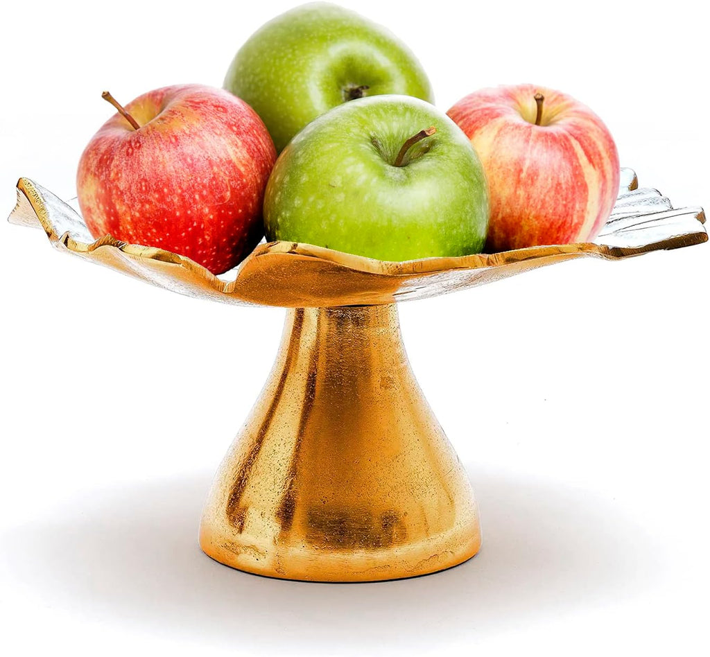 GUTE Flower Gold & White Fruit Bowl & Footed Pedestal Cake Stand Antique Inspired Pedestal Dessert Table Serving Tower Display Set Fruit Plate Organizer Tray for Weddings, Birthdays, 10" D 5.5" H