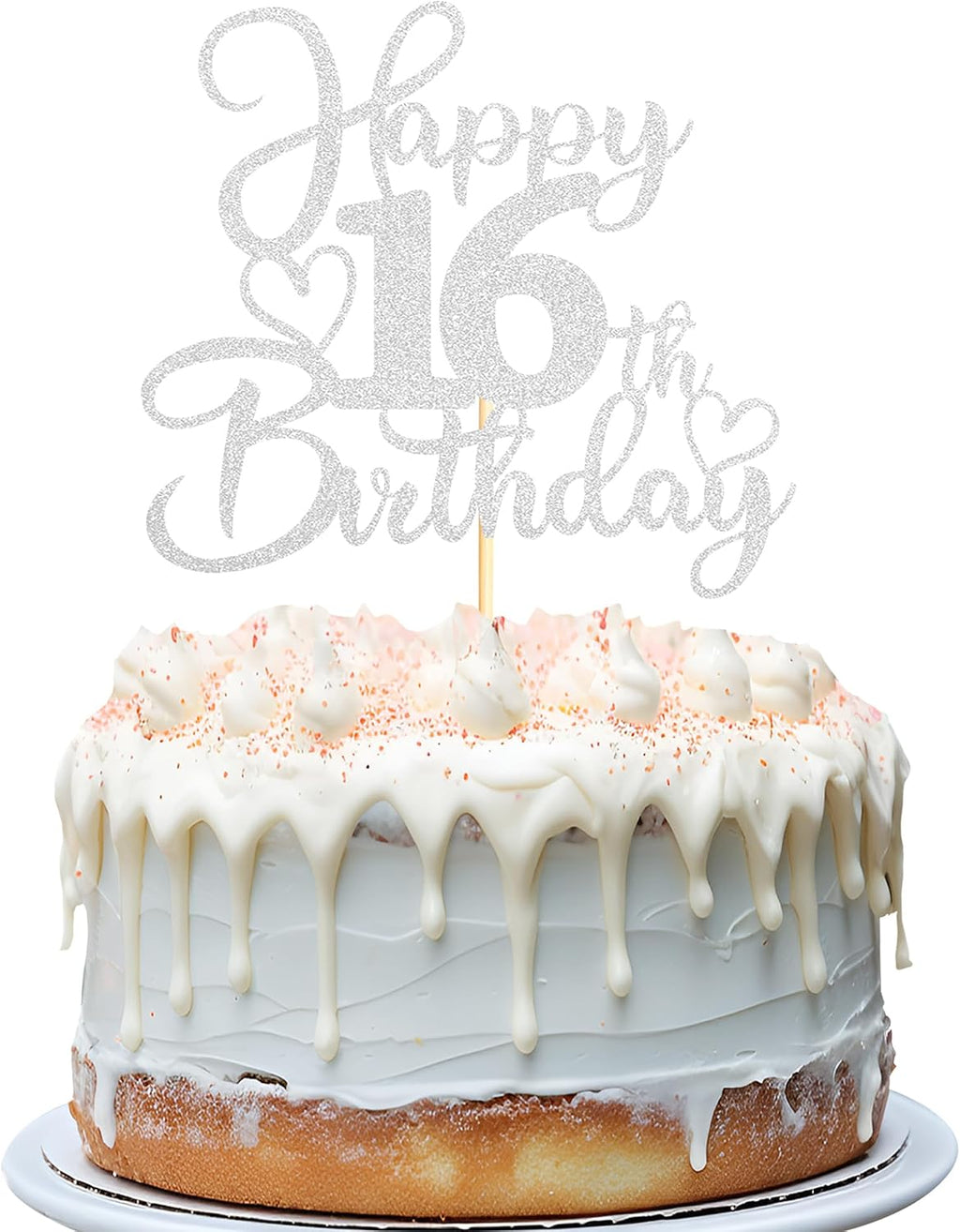 Sotpot 1PC Happy 16th Birthday Cake Topper Double-sided Silver Glitter Cake Pick Cake Decoration for 16th Birthday Anniversary Party Cake Decorations