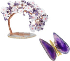 Amogeeli Bundle of 2 - Geode Crystal Agate Butterfly Figurine & Amethyst Crystal Tree with Lace Flower Set on Agate Slice Base
