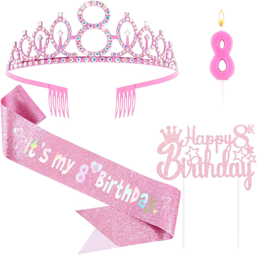 8th Birthday Party Decorations Set for Girls- Pink Crown, Glitter Sash, Number 8 Candle & Cake Topper Kit for Birthday Celebrations Party Supplies Gift