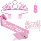 8th Birthday Party Decorations Set for Girls- Pink Crown, Glitter Sash, Number 8 Candle & Cake Topper Kit for Birthday Celebrations Party Supplies Gift
