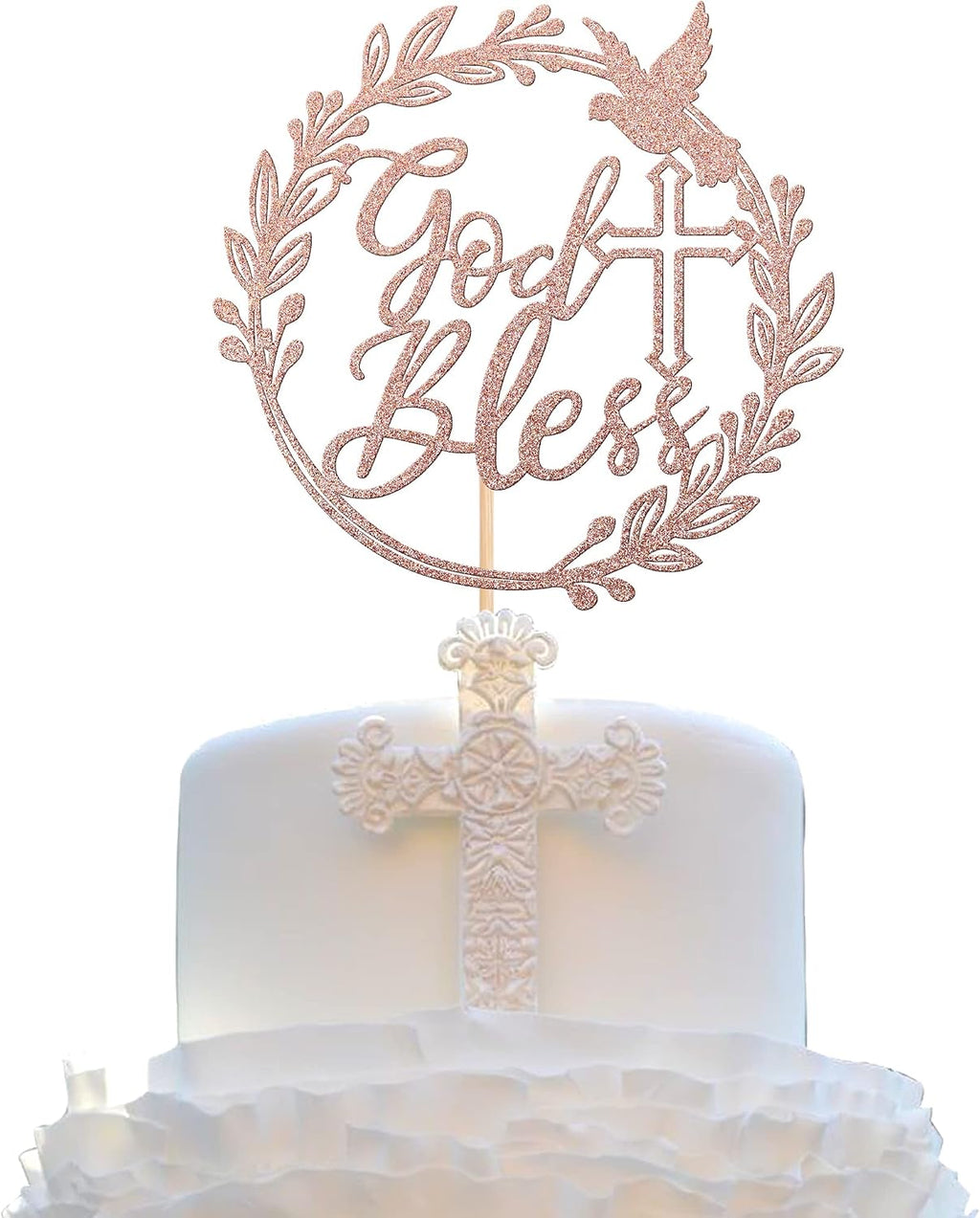 1 PCS God Bless Cake Topper with Dove Glitter Cross First Holy Communion Cake Pick for Celebration Christening Religious Baptism Baby Shower Birthday Party Cake Decorations Supplies Rose Gold