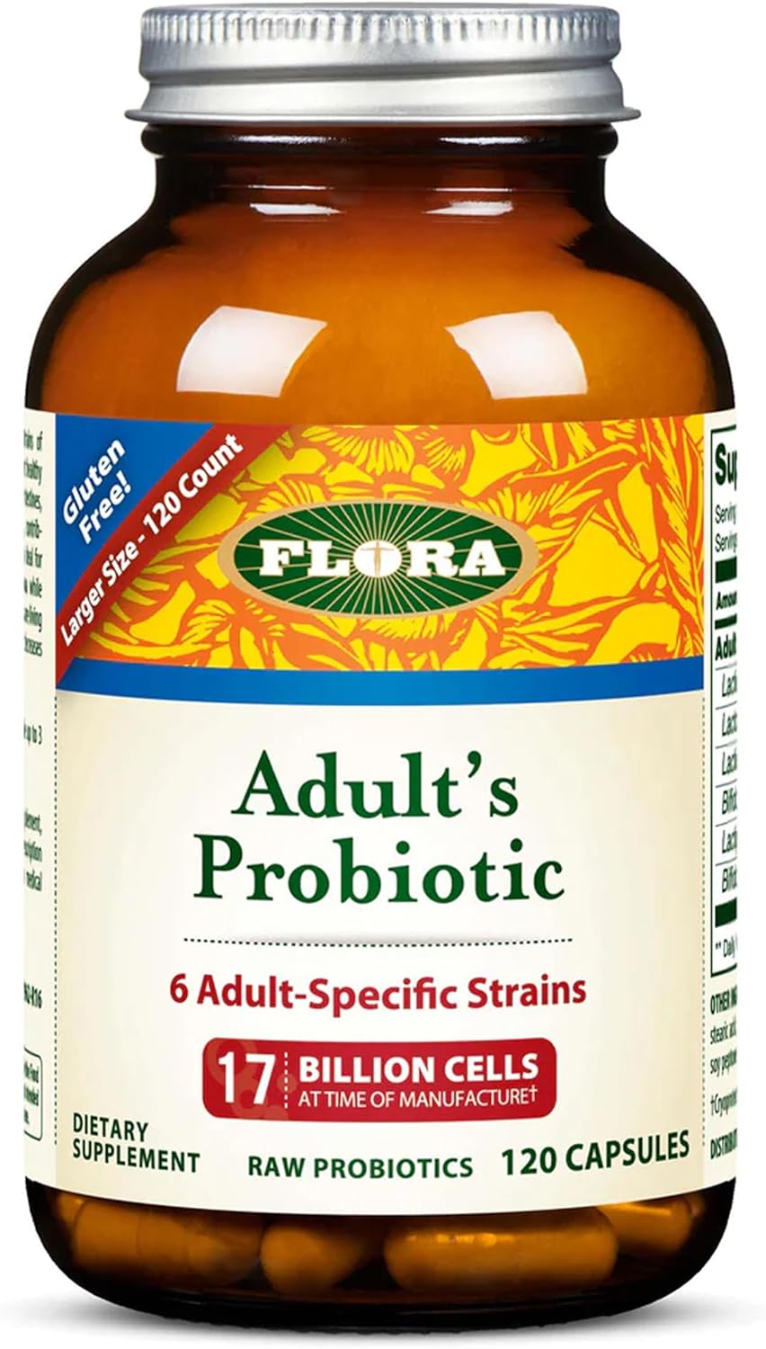 Flora - Adult's Probiotic Blend, Six Adult-Specific Strains, Gluten Free, Raw Probiotic with 17 Billion Cells, 120 Vegetarian Capsules