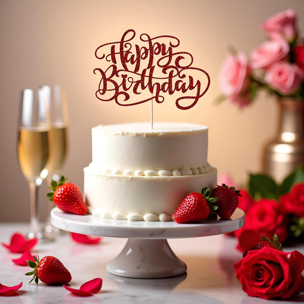 Kaoenla Glitter Happy Birthday Cake Topper,Handmade for Birthday & Anniversary Party Decor (red)