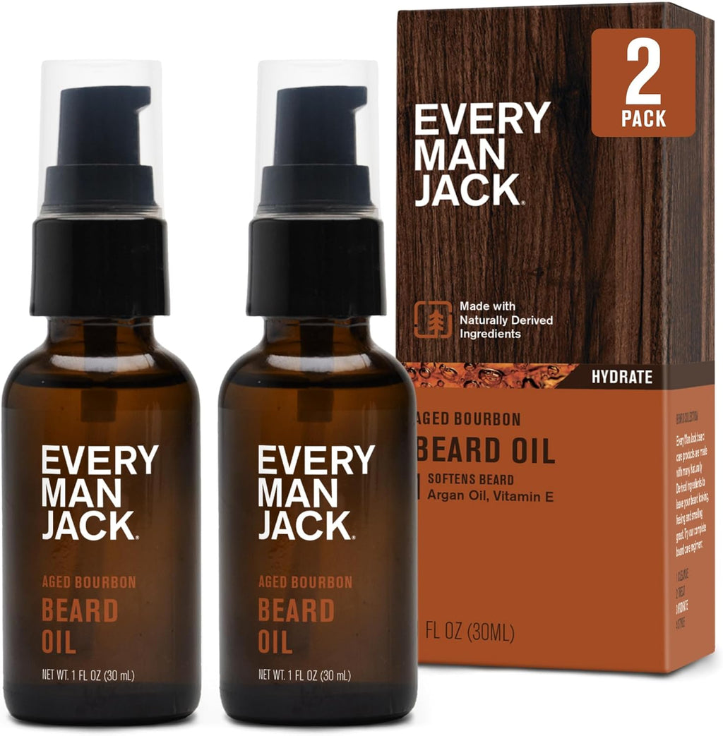 Every Man Jack Mens Beard Oil - Subtle Aged Bourbon Fragrance - Deeply Moisturizes and Softens Your Beard and Adds a Natural Shine - Naturally Derived with Shea Butter- 1 fl oz (2 Pack)