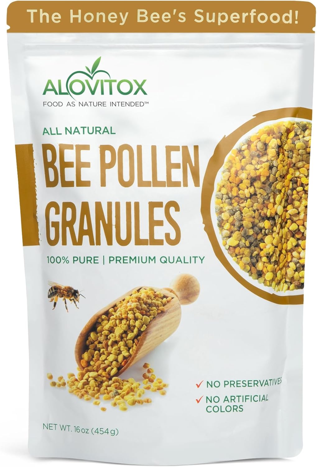 Alovitox Bee Pollen Granules 16 Oz | 100% Pure, Fresh Raw Bee Pollen | Superfood Packed Bee Pollen with Antioxidant, Protein, Vitamins & More | Nutritional Yeast & Gluten Free