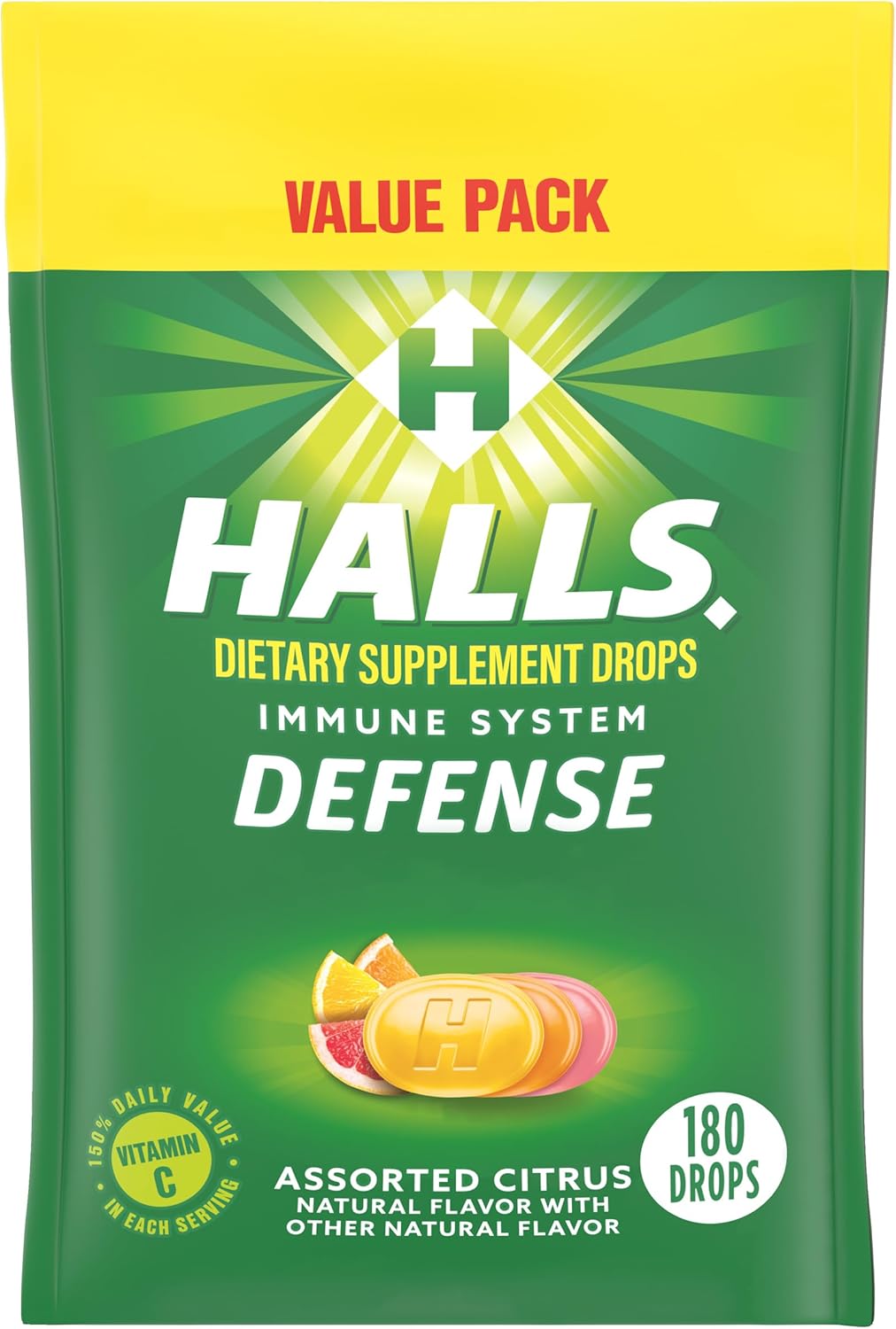 HALLS Defense Assorted Citrus Vitamin C Drops, Value Pack, 180 Drops
