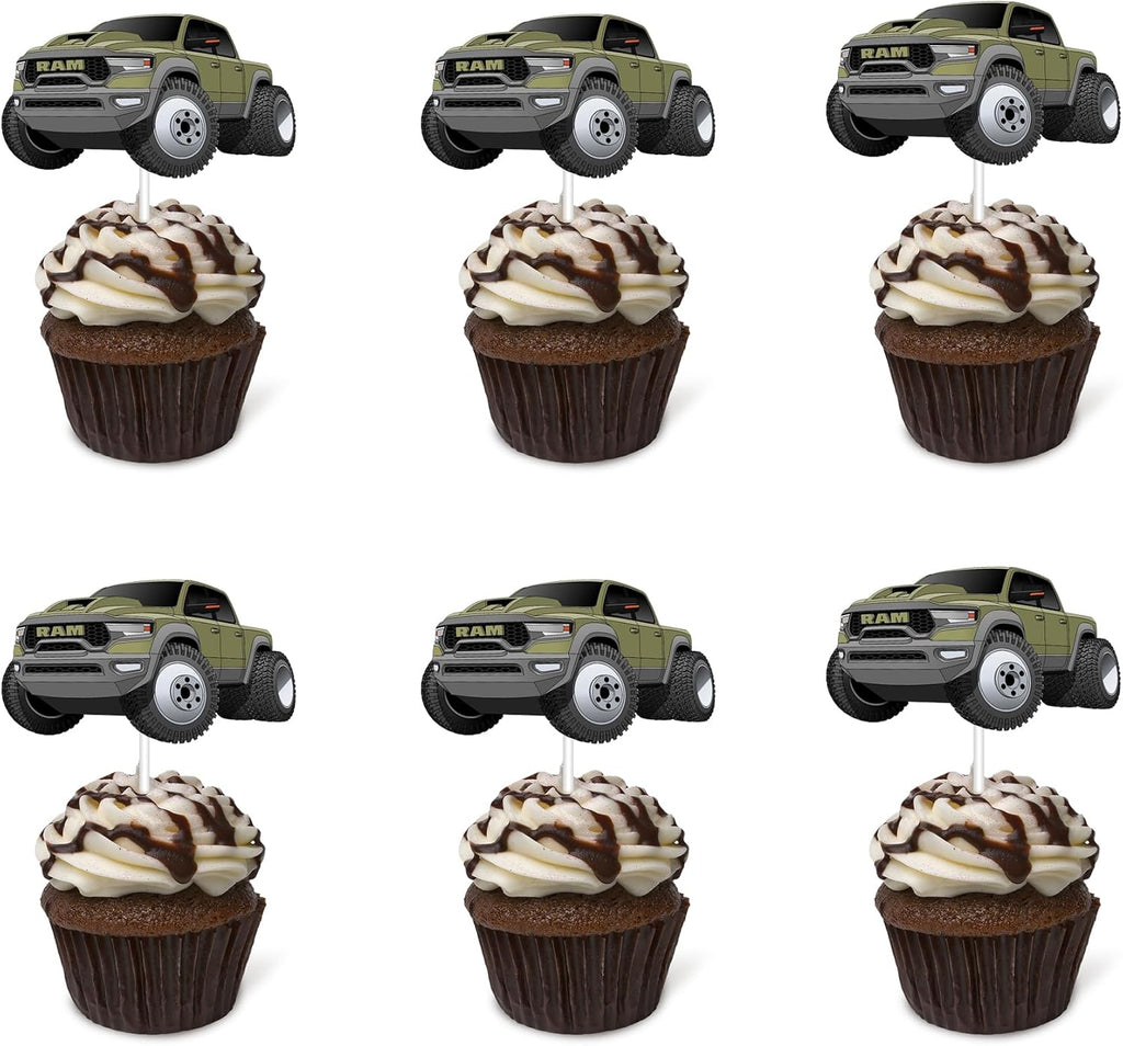 Pickup Truck Cupcake Topper Pickup Truck Theme Birthday Supplies Pickup Truck Happy Birthday Cupcake Topper for Boy Men Birthday Party Decorations (green)