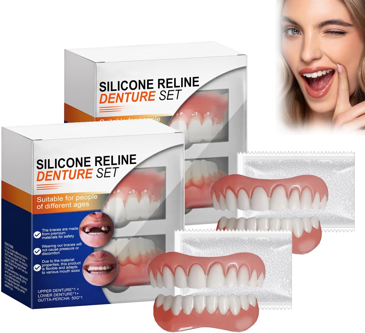Advanced Customized Full Denture Set, Silicone Reline Denture Set, Denture Silicone Reline Kit for Dentures, Soft and Comfortable, Denture Silicone Reline Kit for Men & Women (2pcs)