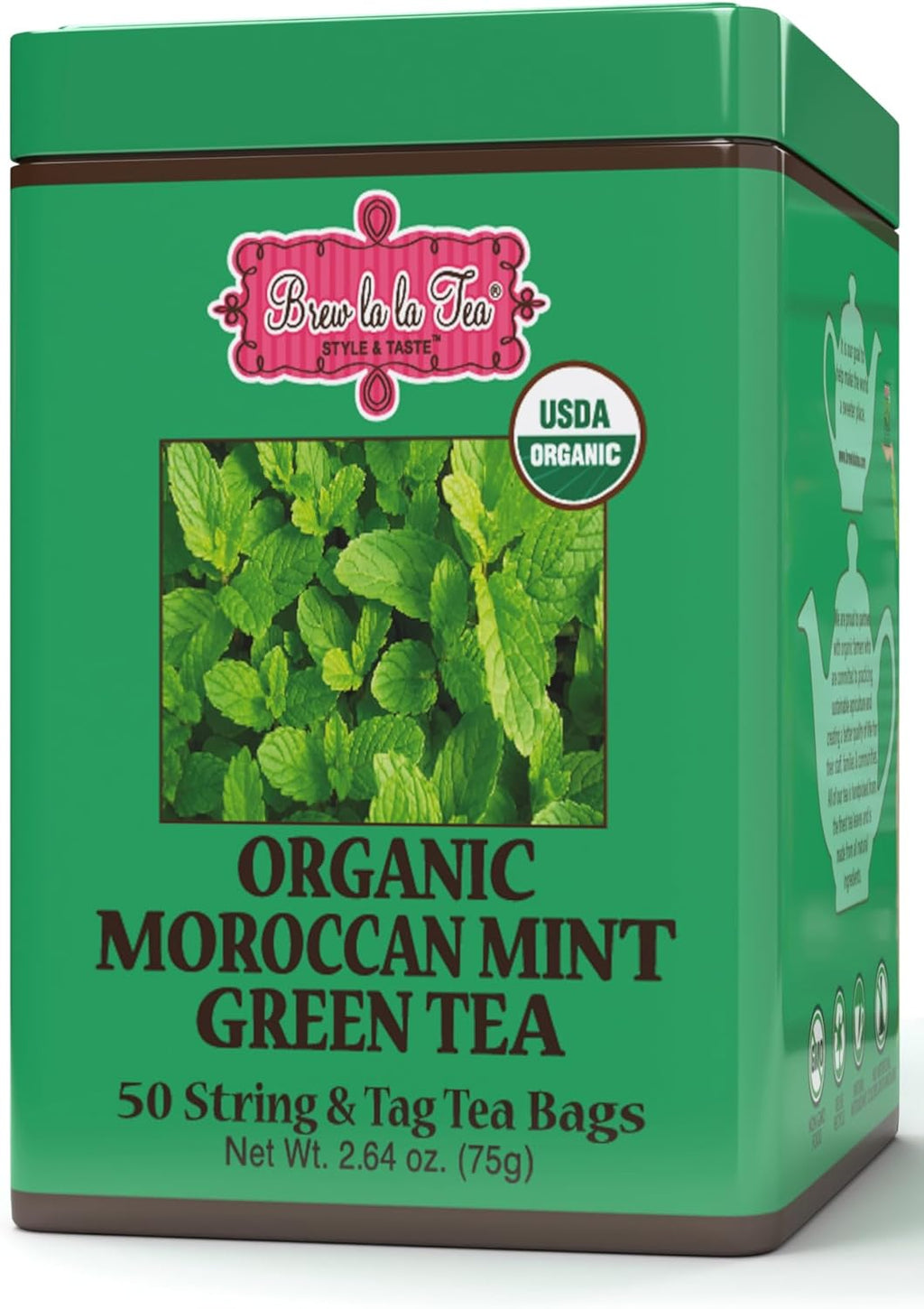 Brew La La Organic Green Tea - Moroccan Mint Flavor - 50 Double Chambered Bags - Low Caffeine Gourmet Tea - Certified Organic