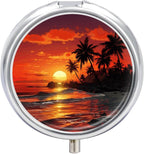 Tropical Sunset Pill Box Round Pill Case for Purse & Pocket 3 Compartment Medicine Pill Organizer Portable Travel Pillbox Medicine Vitamin Cod Liver Oil Storage Box
