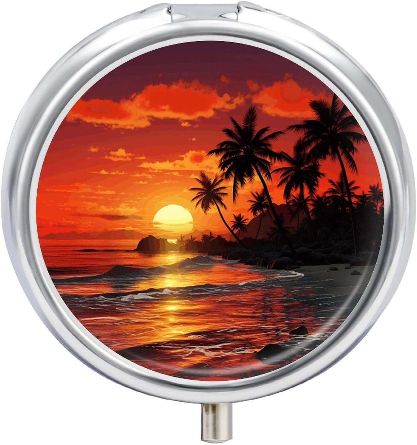 Tropical Sunset Pill Box Round Pill Case for Purse & Pocket 3 Compartment Medicine Pill Organizer Portable Travel Pillbox Medicine Vitamin Cod Liver Oil Storage Box