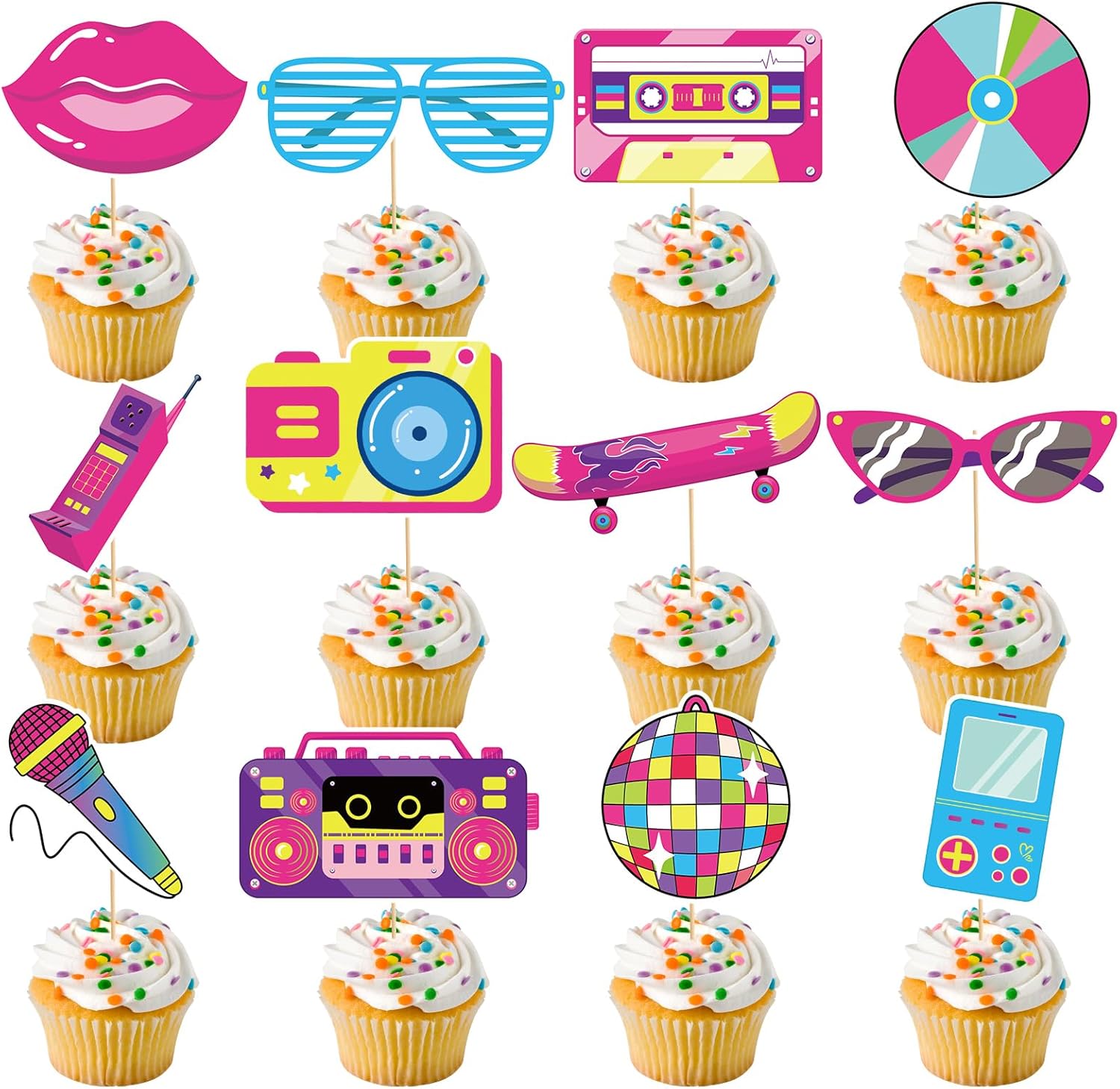 48 Pcs 90s Party Decorations Retro Theme cupcake toppers 90's Theme Cupcake Toppers Rock and Roll Music Dance Party Decorations for Throwback 90s 80s 70s Birthday Baby Shower Party Supplies