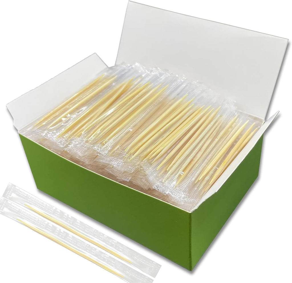 Bamboo Toothpicks – 1000 Count, Individually Wrapped, Dual-Pointed Tips, 2.55 Inch, Disposable & Sanitary, Ideal for Dental Care, Food Picking, Home, Restaurant, and Travel
