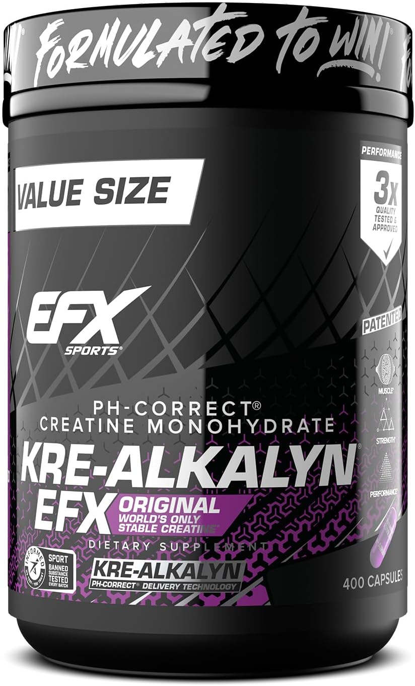 EFX Sports Kre-Alkalyn EFX | pH Correct Creatine Monohydrate Pill Supplement | Strength, Muscle Growth & Performance | 200 Servings, 400 Capsules