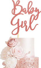 Baby Girl Cake Topper for Baby Shower or Newborn Cake Picks, Gender Reveal Party Decorations- Rose Gold Glitter