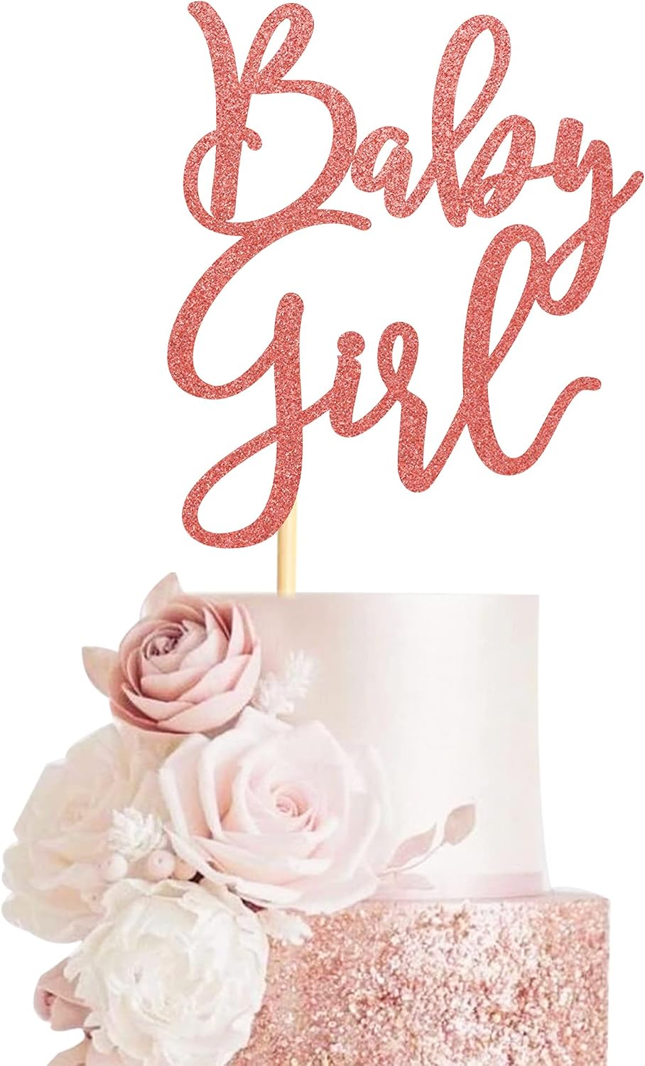 Baby Girl Cake Topper for Baby Shower or Newborn Cake Picks, Gender Reveal Party Decorations- Rose Gold Glitter
