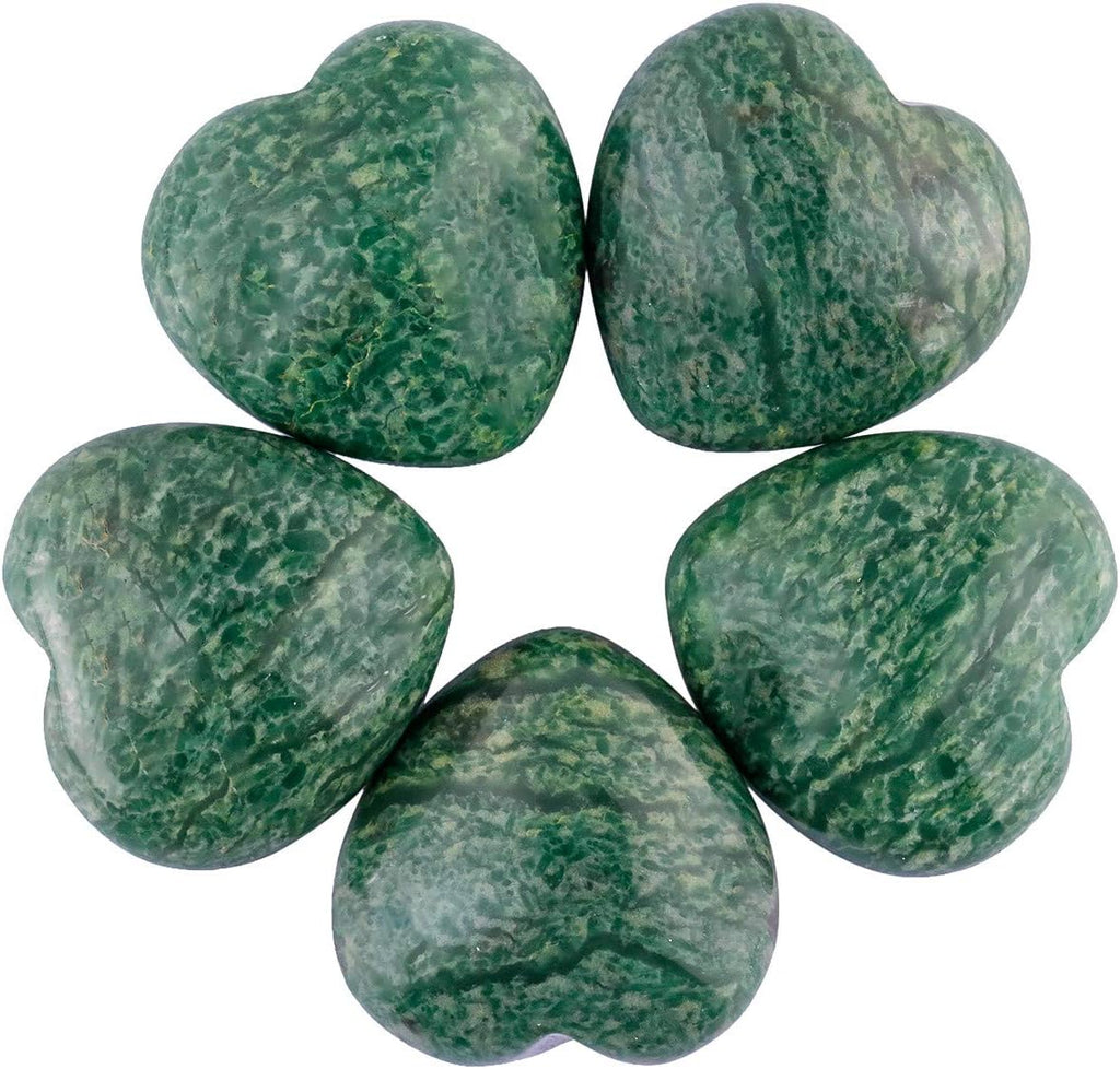 mookaitedecor 0.98 Inch African Jade Crystal Heart Shaped Worry Stone Pack of 5, Carved Pocket Palm Stones for Chakra Reiki Healing Decoration