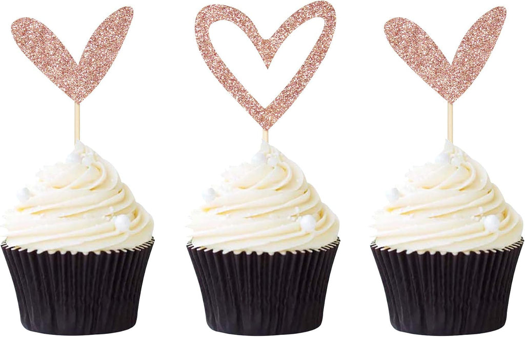 24 PCS Rose Gold Glitter Heart Cupcake Toppers Cute Design Love Cupcake Toppers for Wedding Bridal Anniversary Baby Shower Party Decorations Supplies