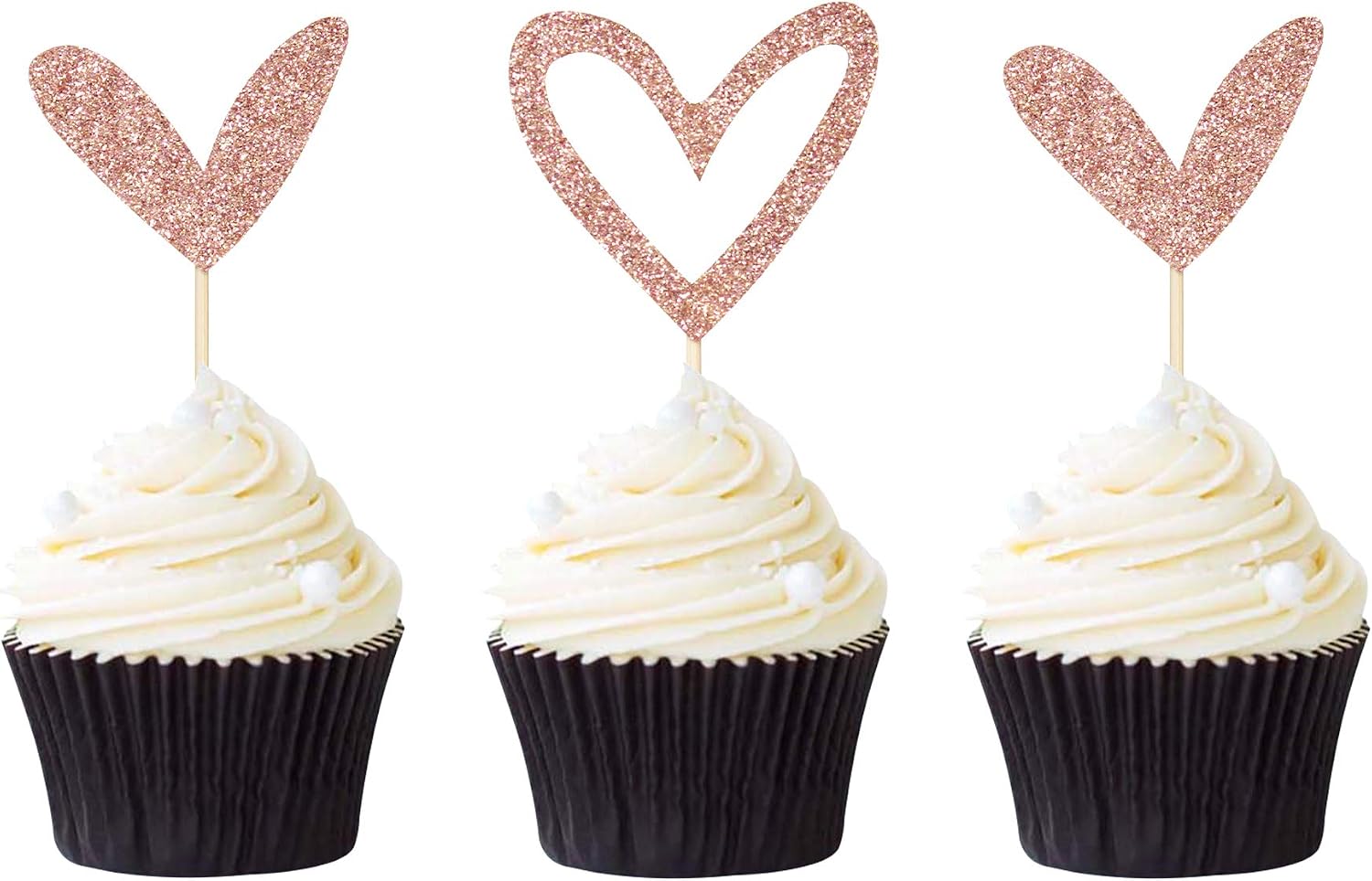 24 PCS Rose Gold Glitter Heart Cupcake Toppers Cute Design Love Cupcake Toppers for Wedding Bridal Anniversary Baby Shower Party Decorations Supplies