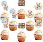 24 PCS Bear Cupcake Toppers, Baby Shower Baby Bear Cake Decorations Little Bear Cupcake Topper for Bear Theme Baby Shower Birthday Supplies (Blue)
