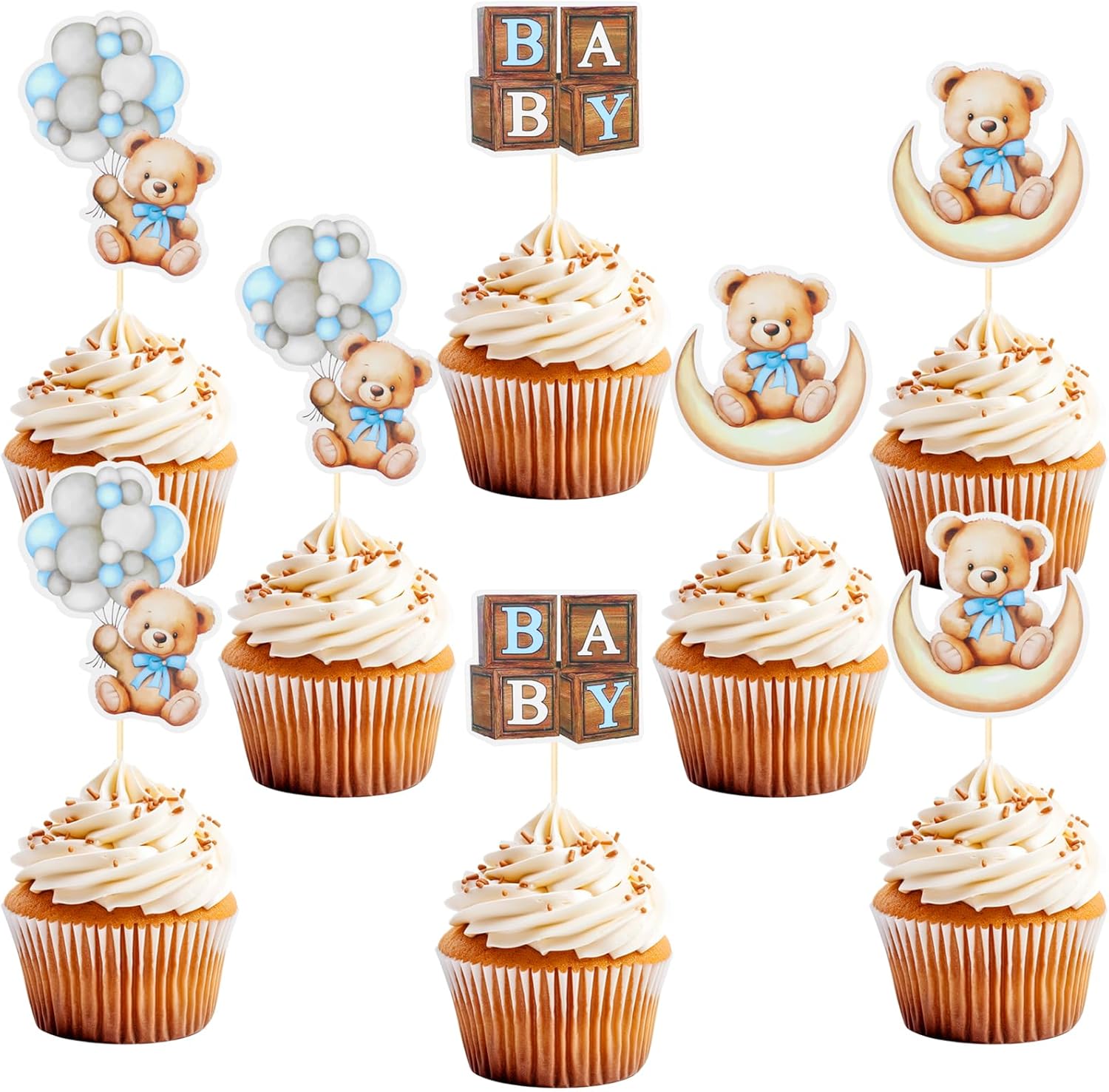 24 PCS Bear Cupcake Toppers, Baby Shower Baby Bear Cake Decorations Little Bear Cupcake Topper for Bear Theme Baby Shower Birthday Supplies (Blue)
