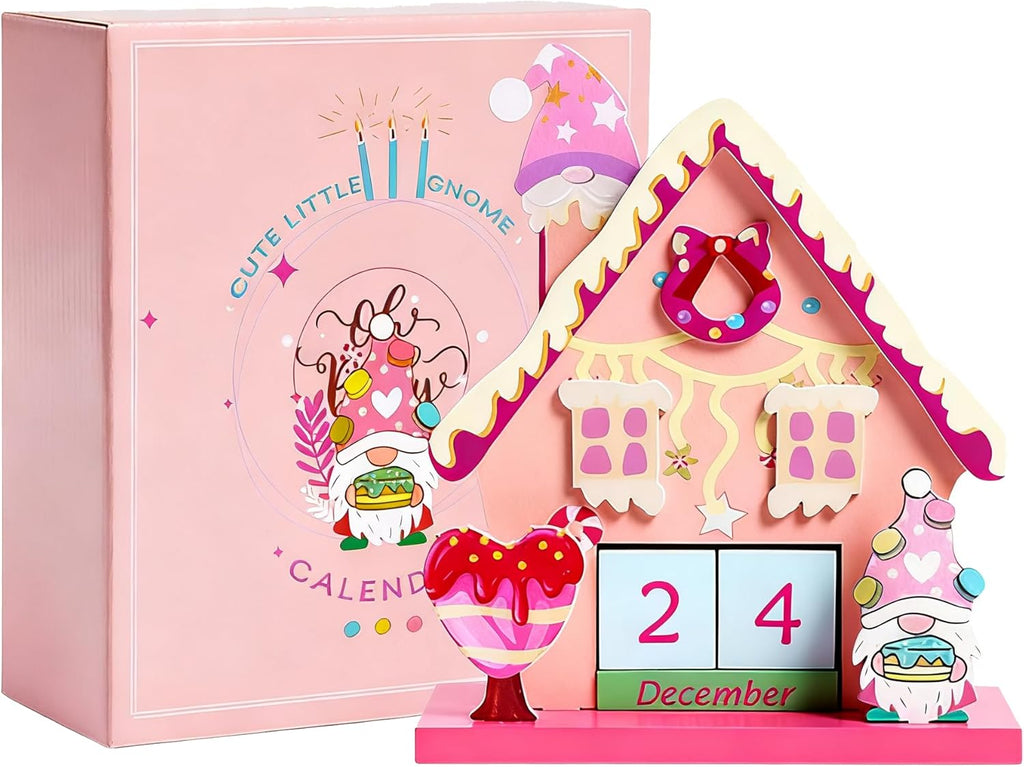 Christmas Wooden Perpetual Blocks Calendar, Pink Gnomes Wood Month Date Display Blocks, Cute Christmas Block Calendar for Desk, Xmas Calendars for Home Ornament Festival Decor Accessories