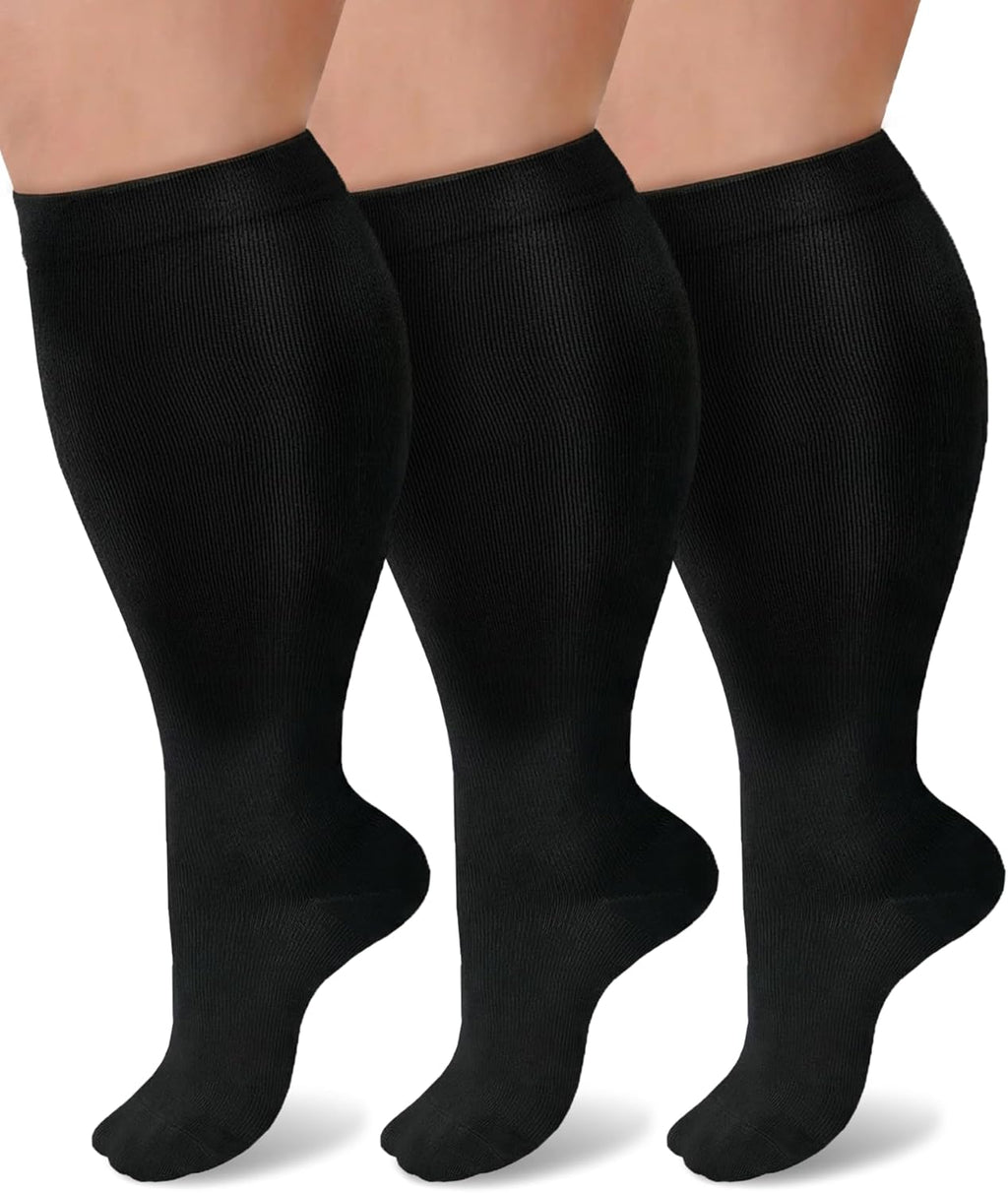 Wide Calf Plus Size Compression Socks for Women Men Knee High Socks for Nurses Flying Pregnant Sports, 15-20 mmHg, 3 Pairs